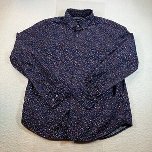 Denim & Flowers Mens Large Slim Fit Speckled Floral Button Down Shirt Navy Blue